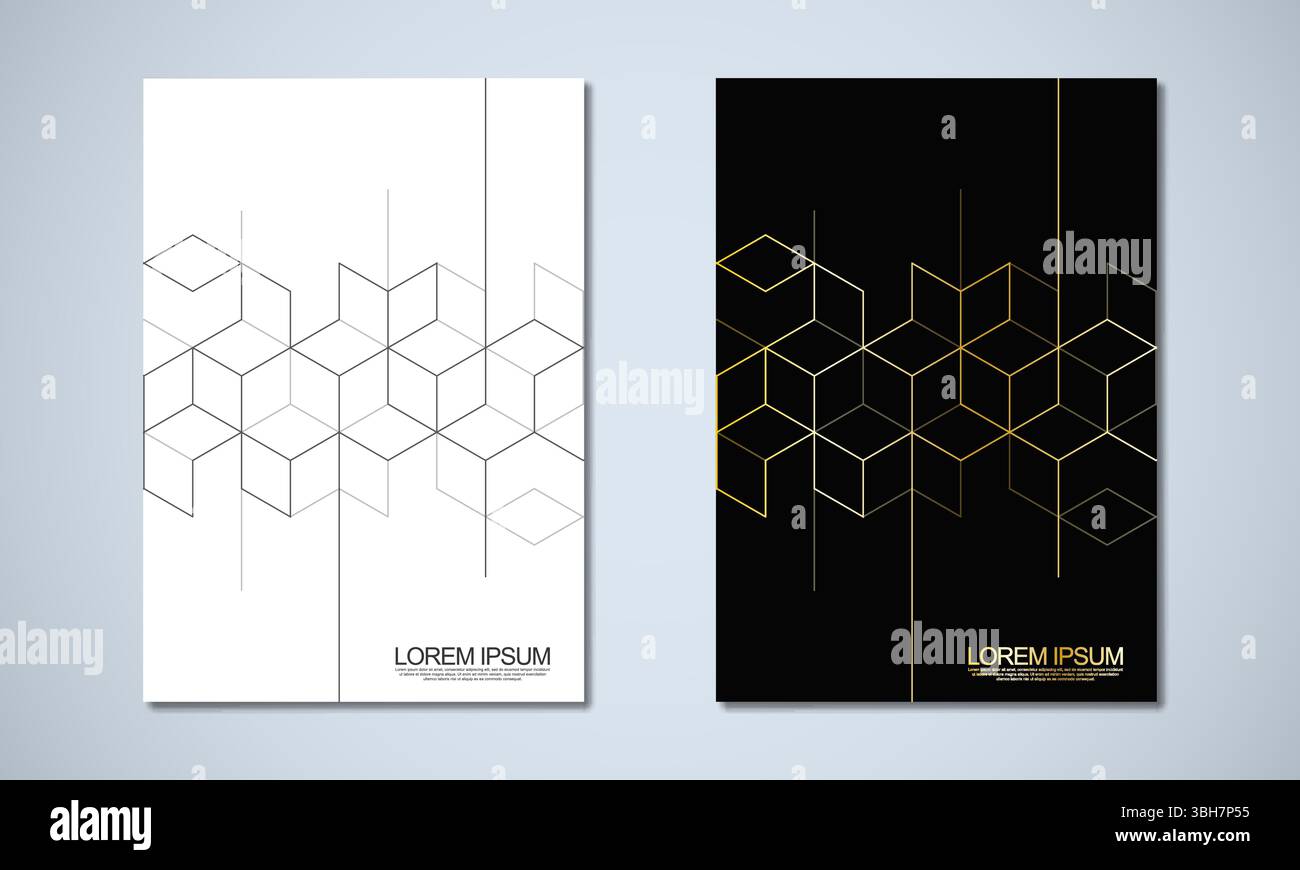 Abstract geometric covers and brochures with isometric vector blocks, and polygon shape patterns Stock Vector
