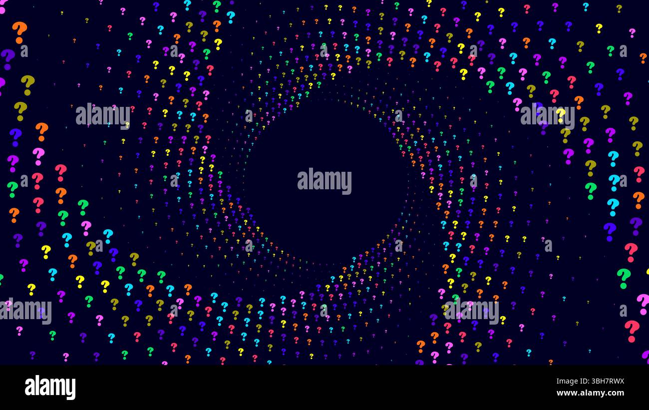 A dark blue background with a swirling vortex of colorful question ...