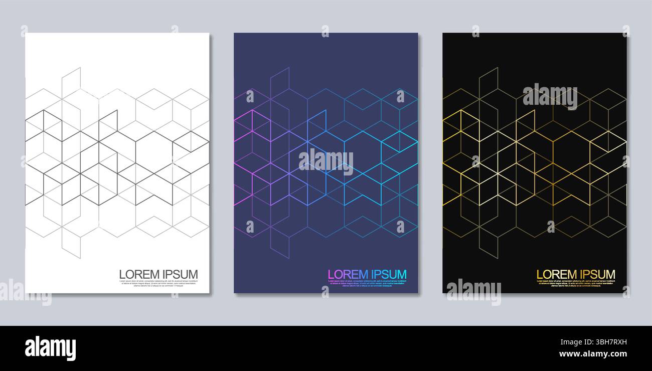Abstract geometric covers and brochures with isometric vector blocks, and polygon shape patterns Stock Vector
