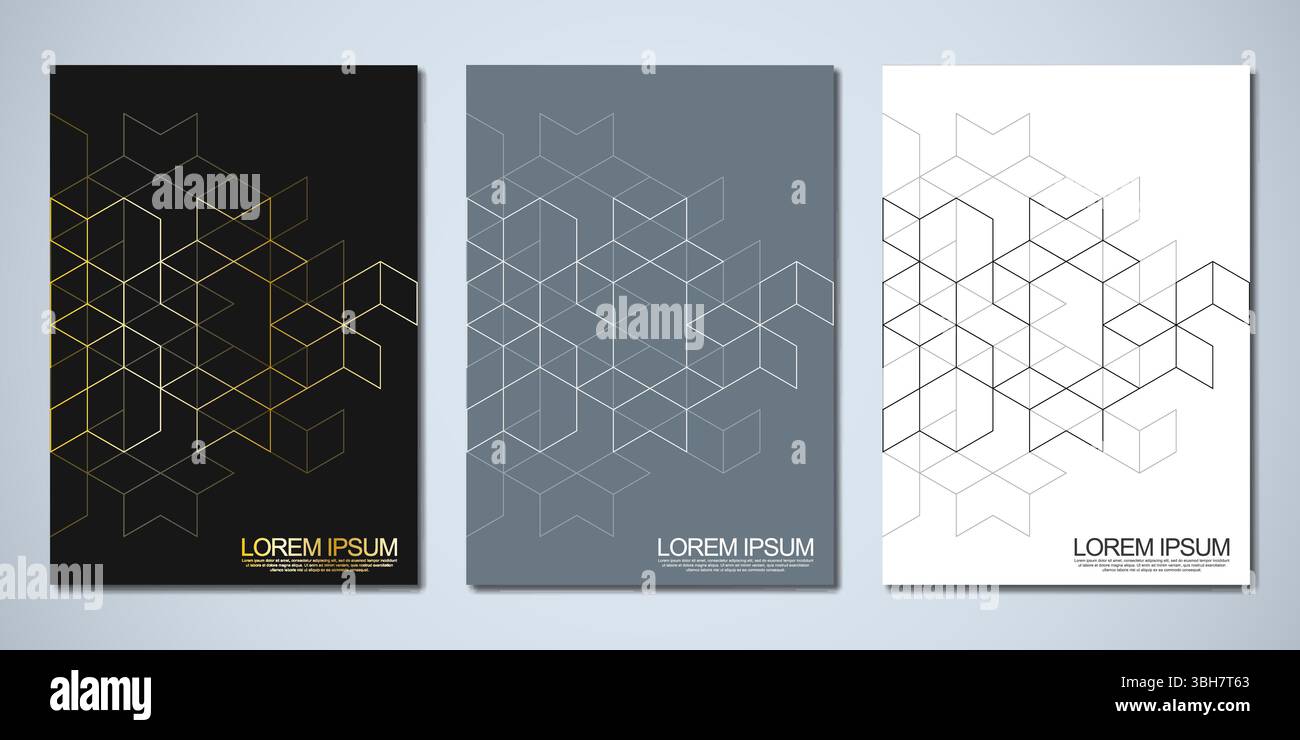 Abstract geometric covers and brochures with isometric vector blocks, and polygon shape patterns Stock Vector