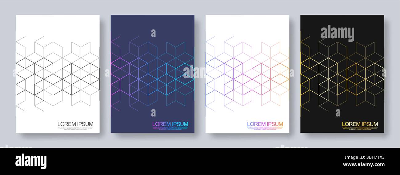 Abstract geometric covers and brochures with isometric vector blocks, and polygon shape patterns Stock Vector