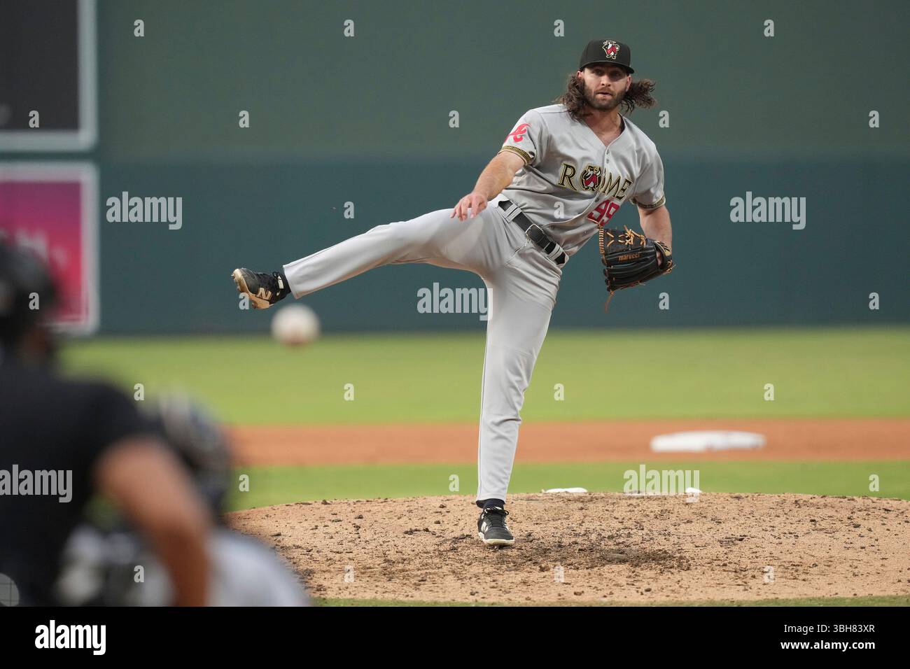 Relief pitcher Tyler LaPorte (99) of the Rome Emperors delivers a pitch