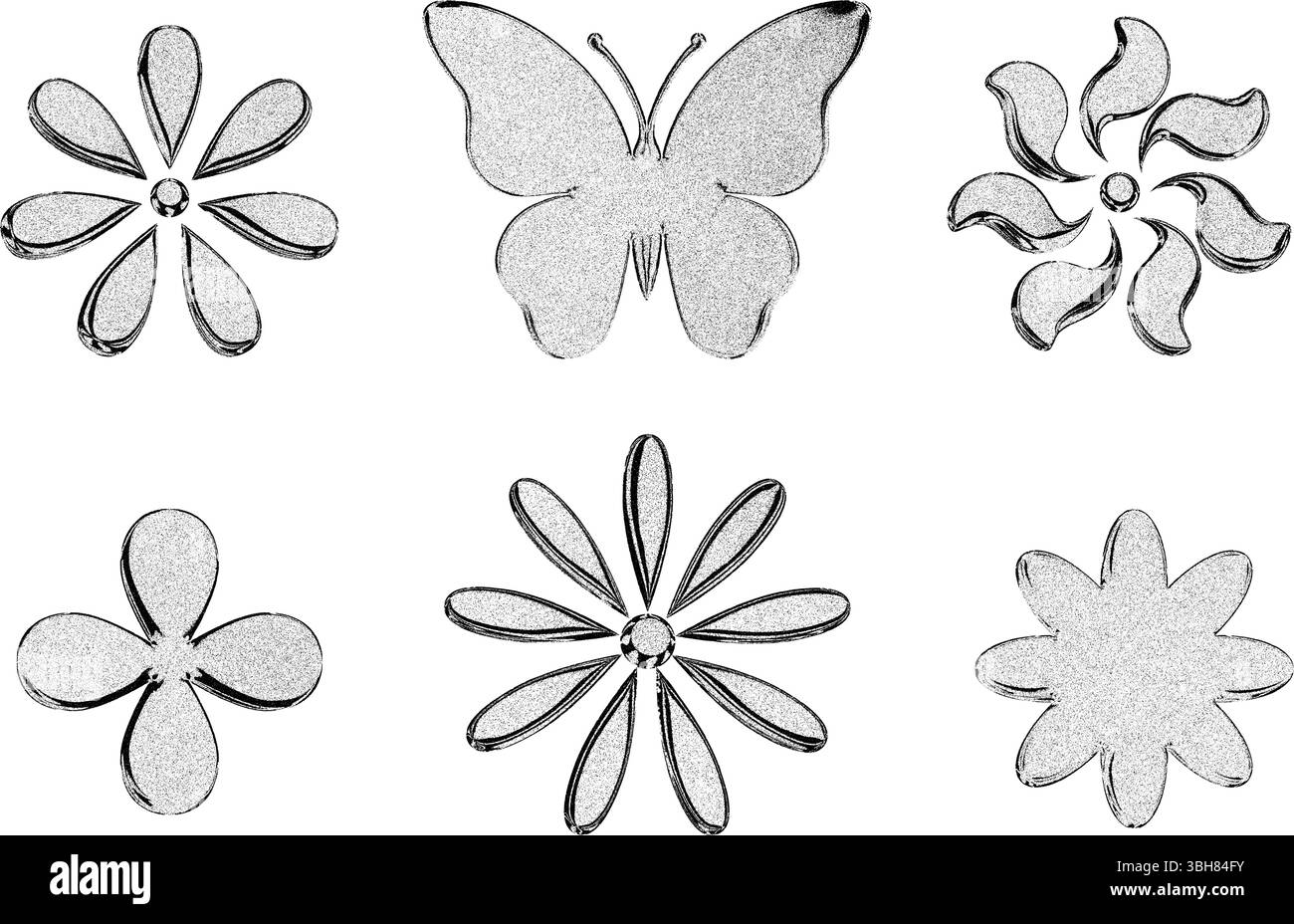 Grainy textured black and white elements flowers and butterfly  Stock Vector