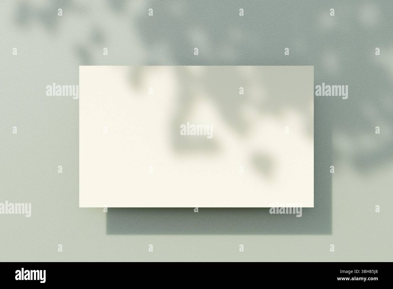 A blank card casting a delicate shadow on a textured, lightcolored surface. 3d rendering Stock Photo