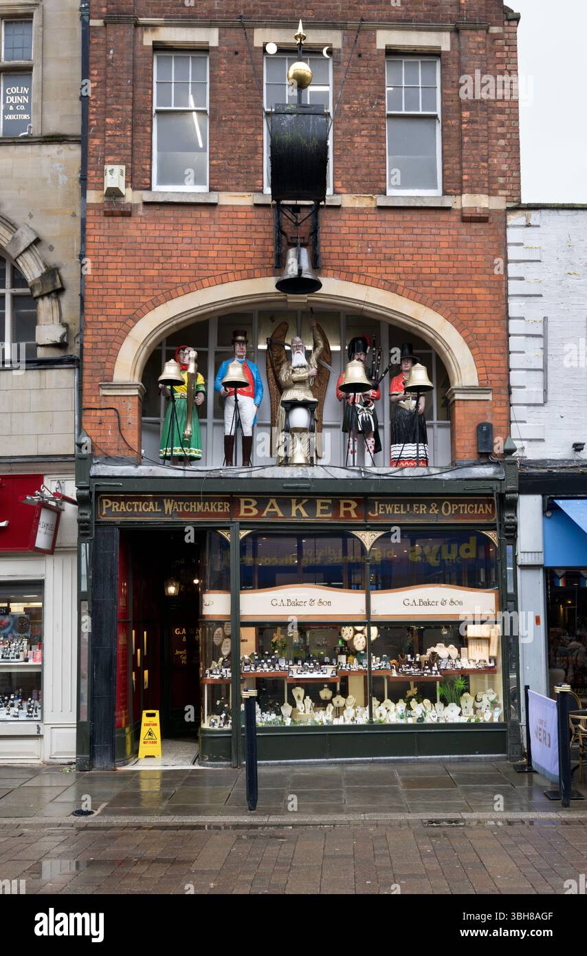 Baker's Jeweller's shop, Southgate Street, Gloucester, UK. The ornate shop is a Listed Building, dating from 1904 and features automata figures. Stock Photo