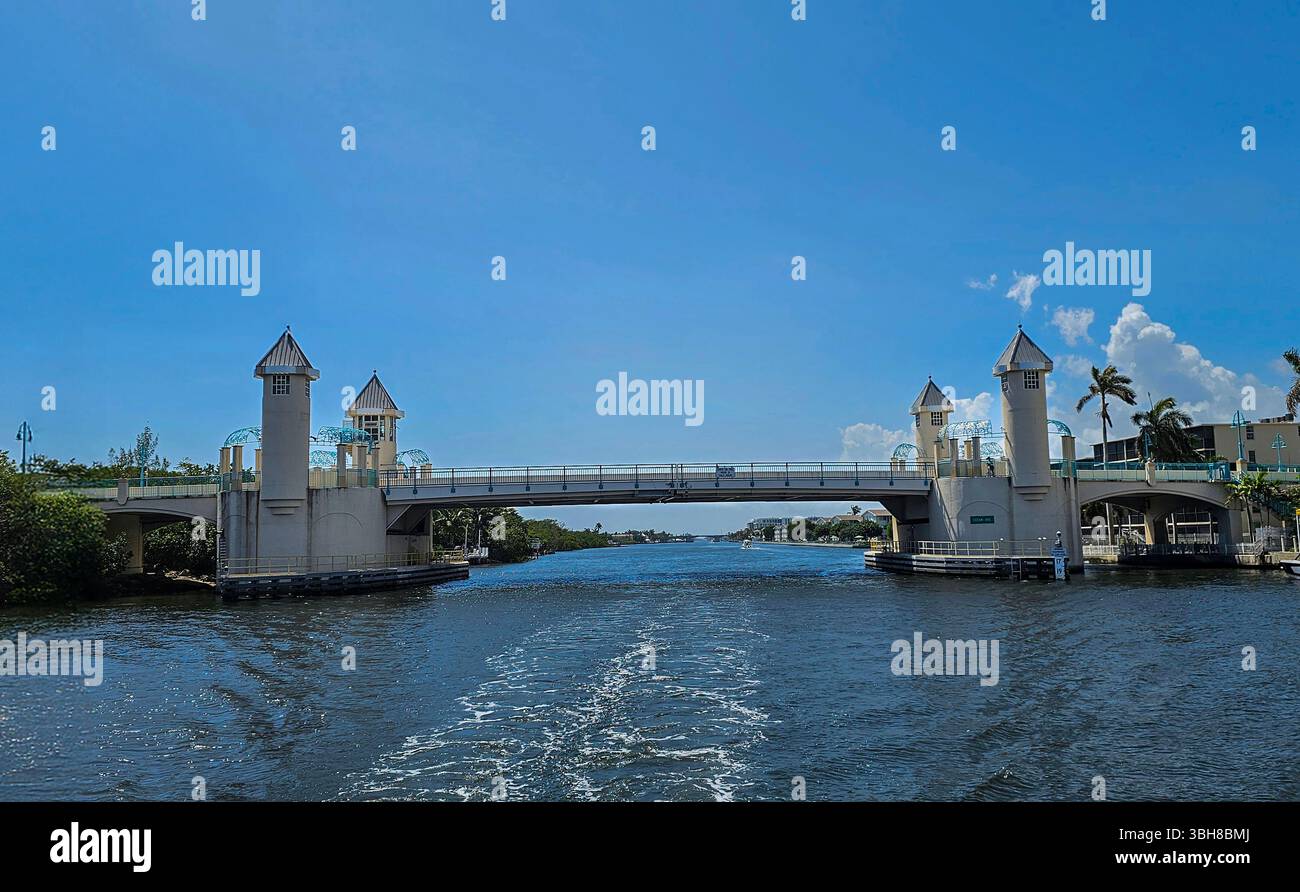 Boynton Beach Bascule Bridge over the Intracoastal Waterway, Palm Beach County, Florida.  It is also known as the Ocean Avenue Bridge. - Smartphone Captured Stock Image