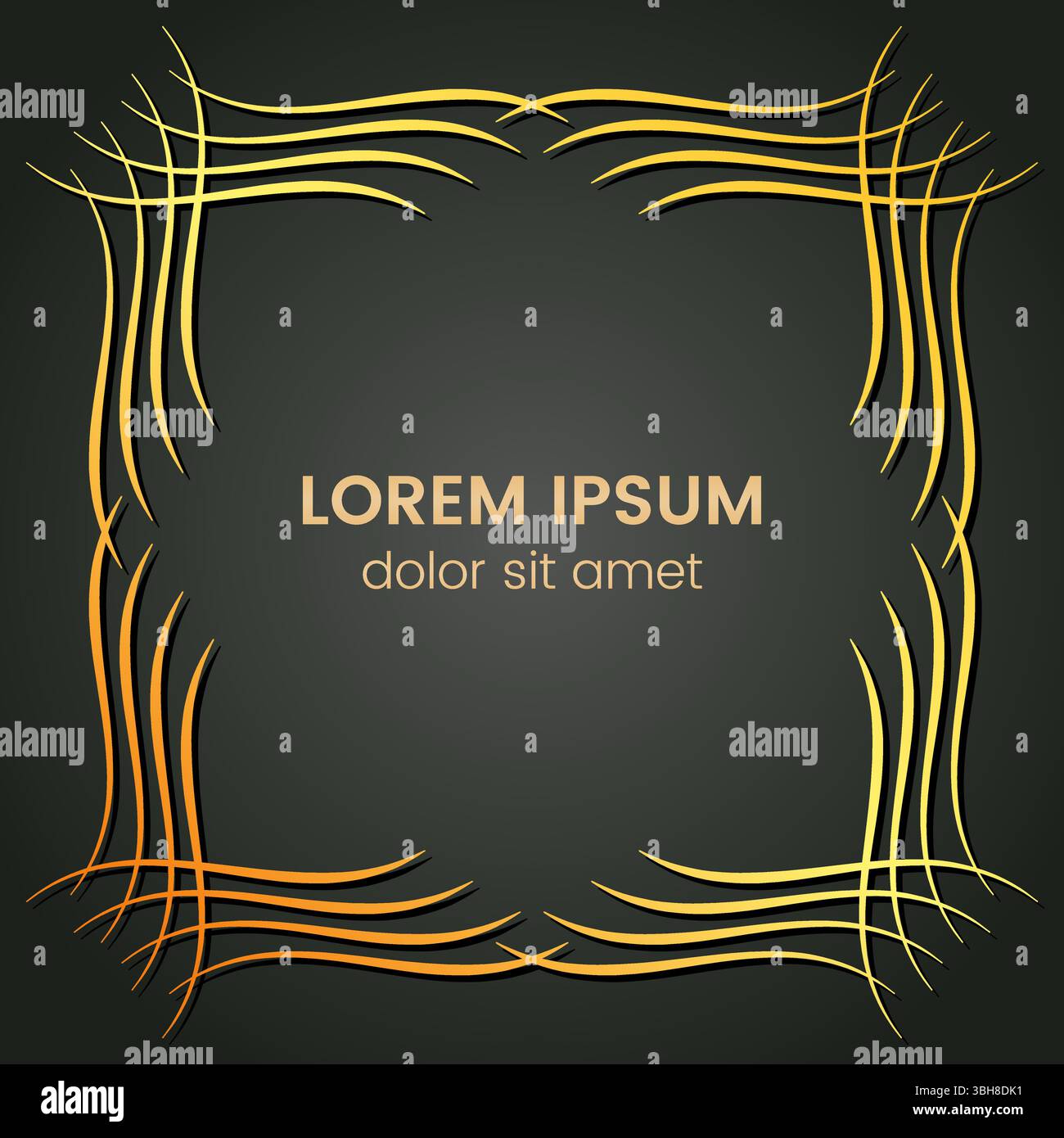 A square golden monogram element on a dark background. Vector illustration. Stock Vector