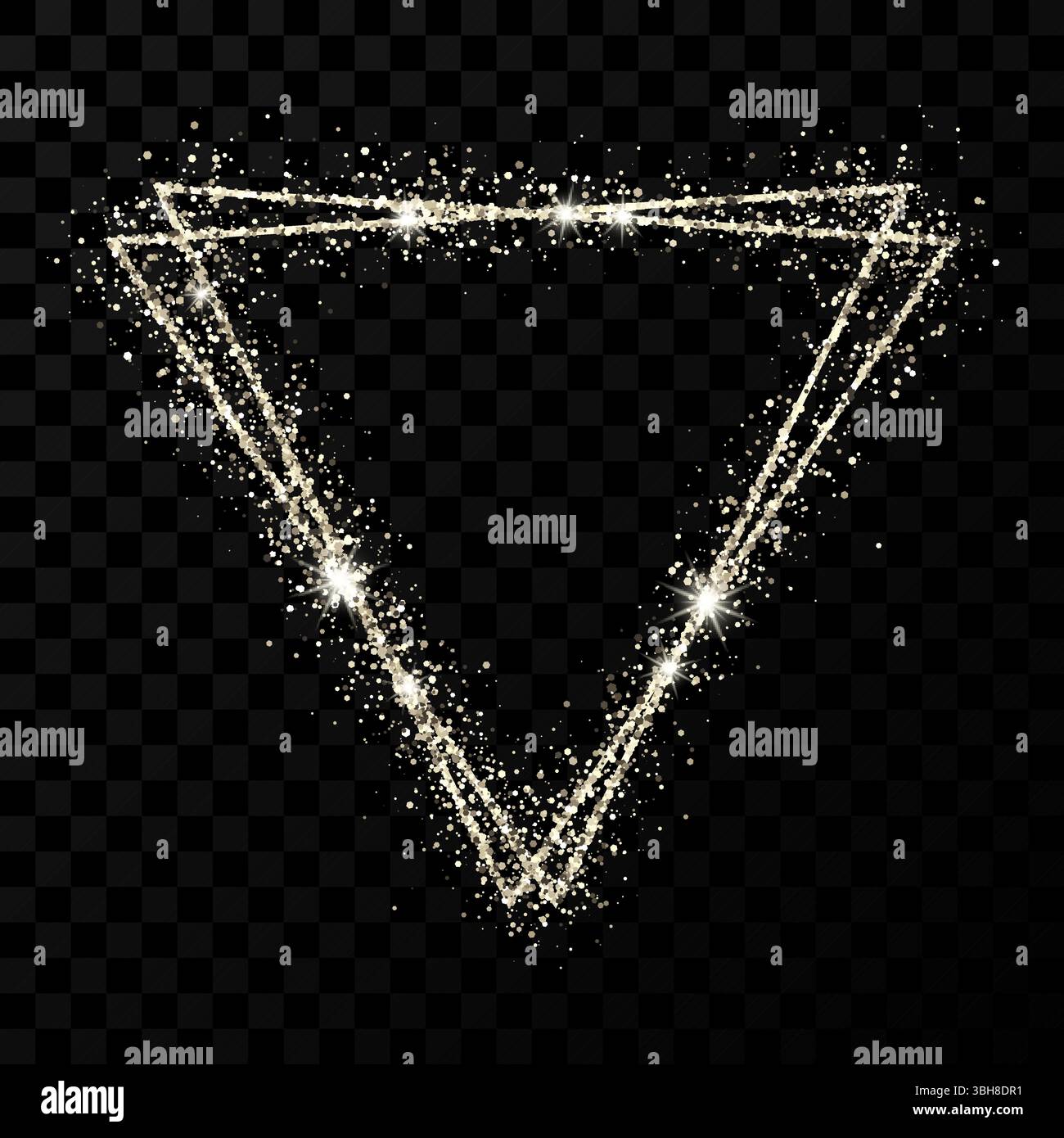 Silver double triangle frame. Modern shiny frame with light effects isolated on dark transparent background. Vector illustration. Stock Vector