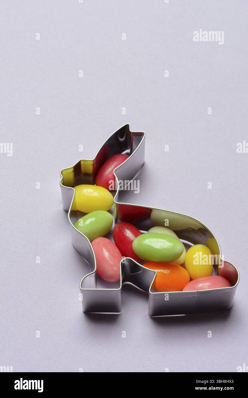 Bunny baking tin and sugar Easter eggs, cookie cutter Stock Photo