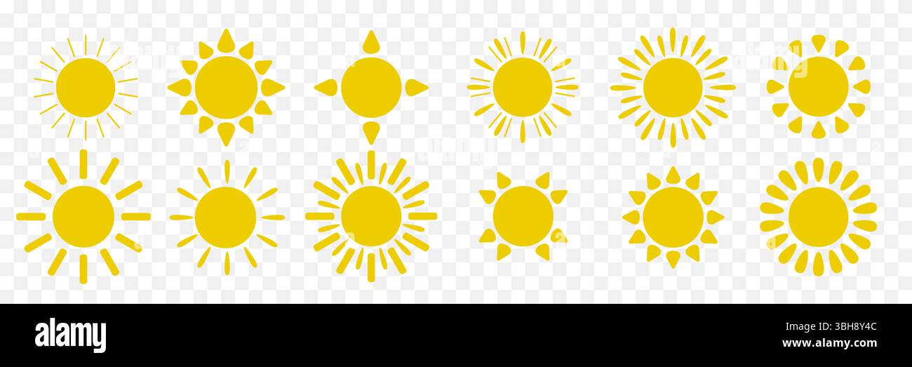 A set of Sun icons on a transparent background. Logo, sticker with the ...