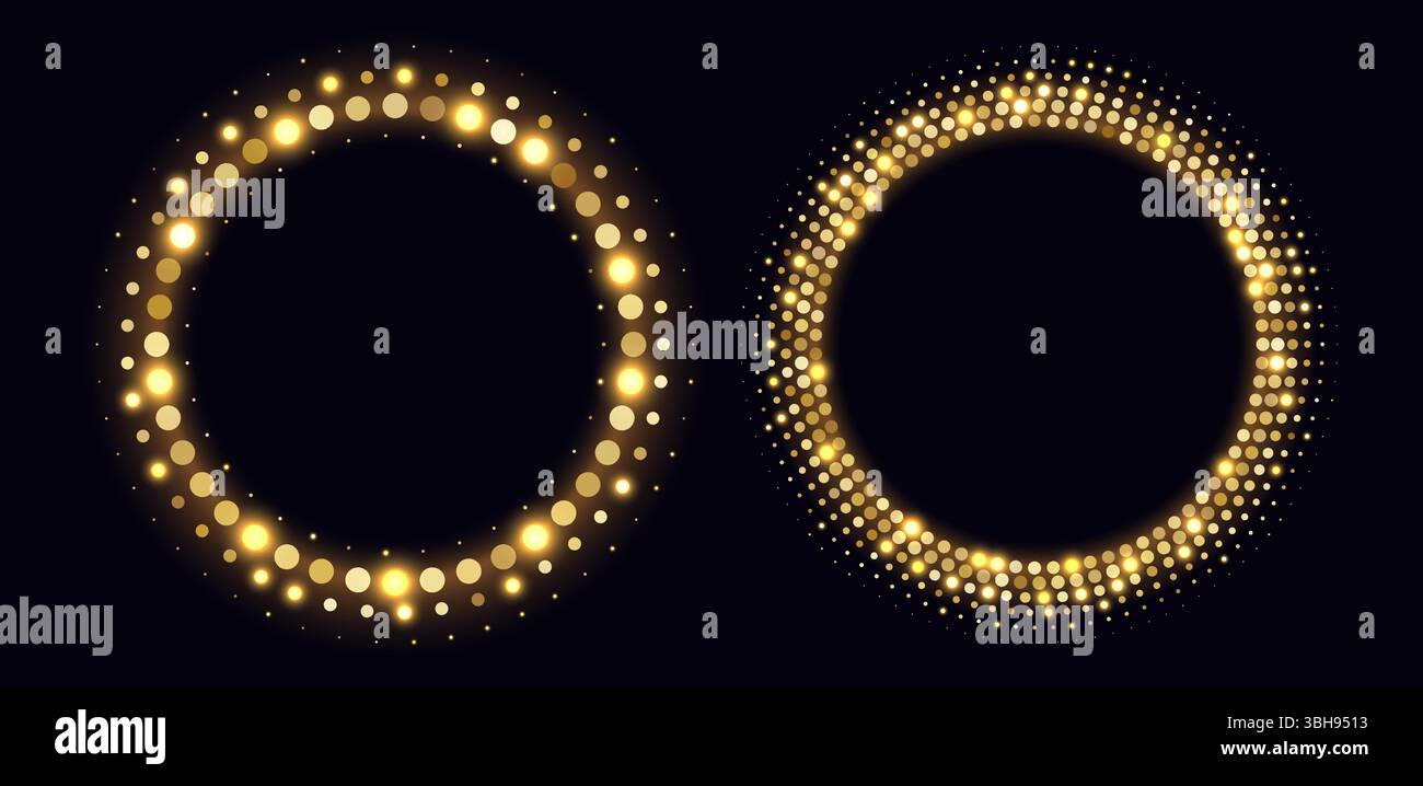 Golden halftone frames, glowing circle borders, round pattern with dots, radial disco luxury design element. Stock Vector