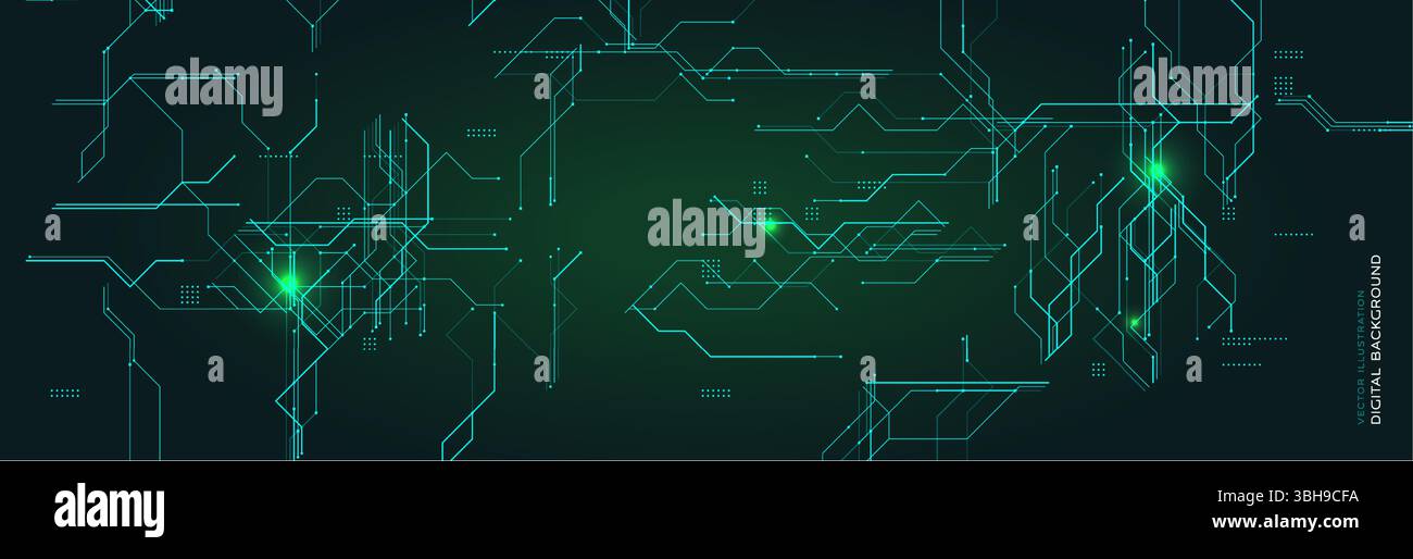 Futuristic digital background with glowing lines and circuit elements. Ideal for technology, data, and cybersecurity themes. Hightech style with green Stock Vector