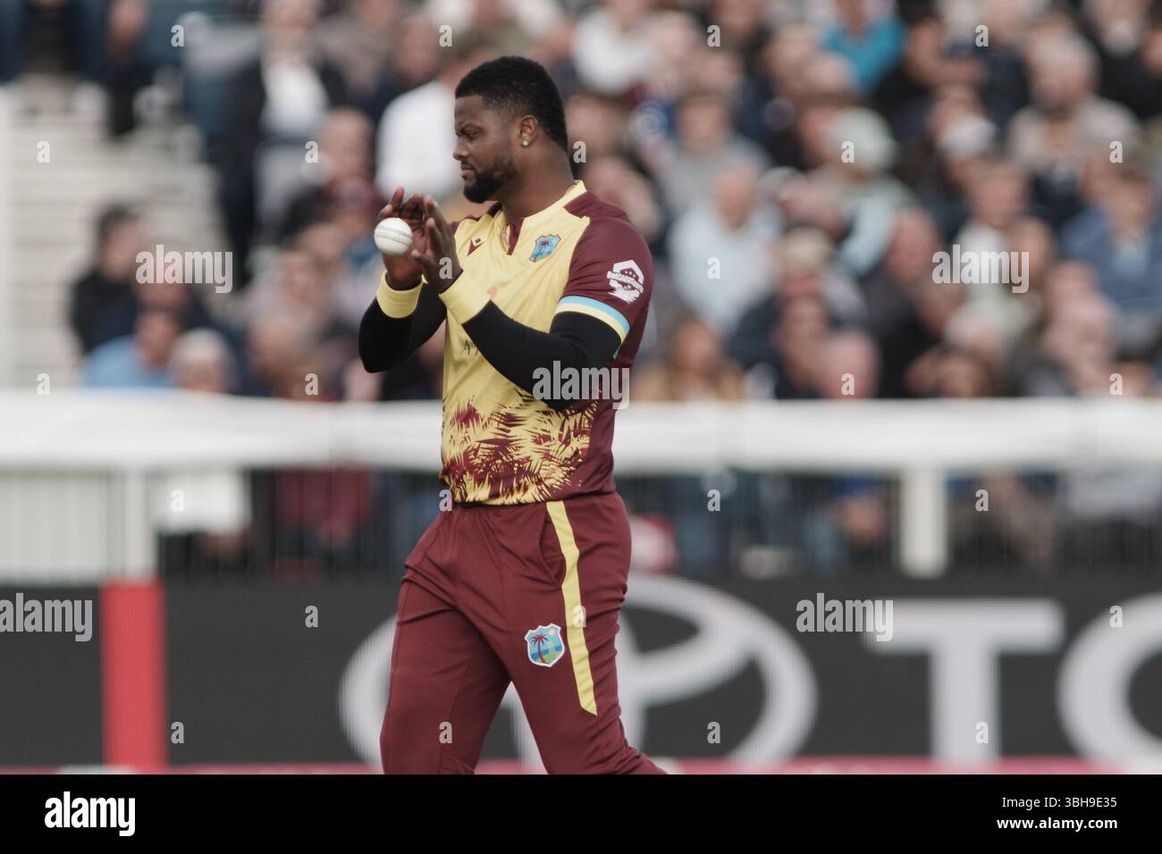 Chester-le-Street, England, 6 June 2025. Romario Shepherd bowling for