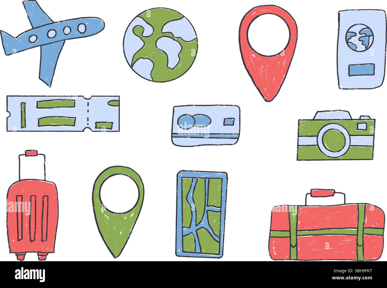 Travel elements crayon drawn set. Suitcase, location map, passport hand ...