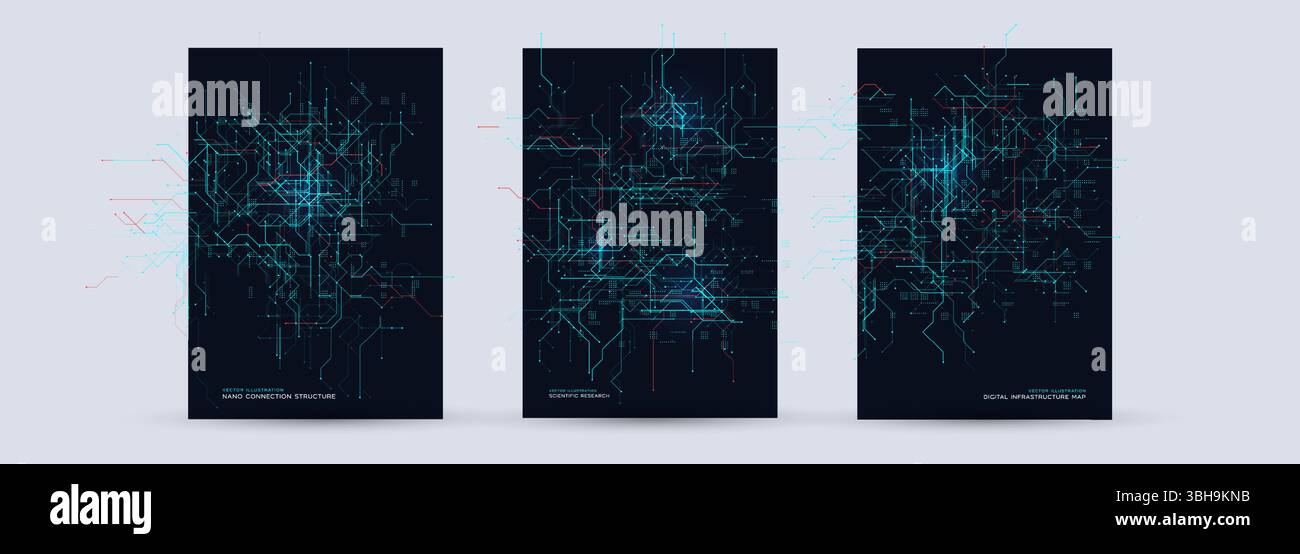 Futuristic Tech Network Posters Set. Abstract Neural Map, Cyber Grid ...