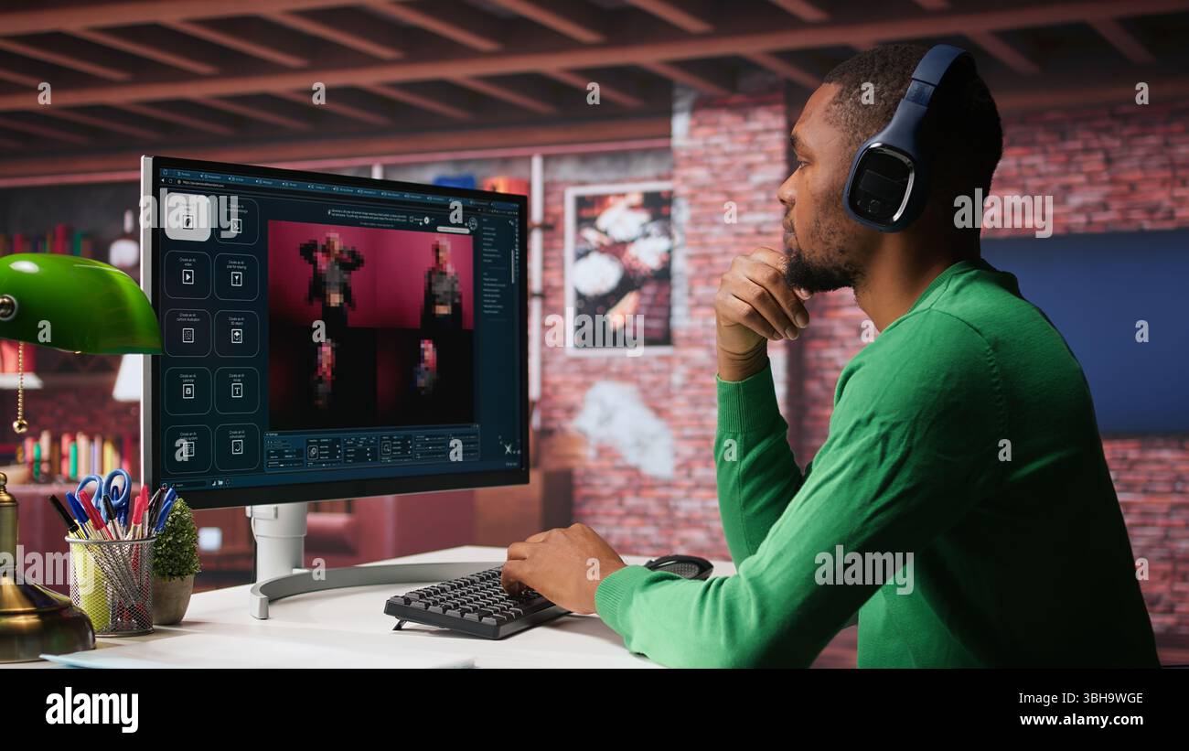 Black graphic designer working in loft with AI image generator software. Digital screen displaying visuals created through machine learning and cloud computing, generative AI. Camera B. Stock Photo