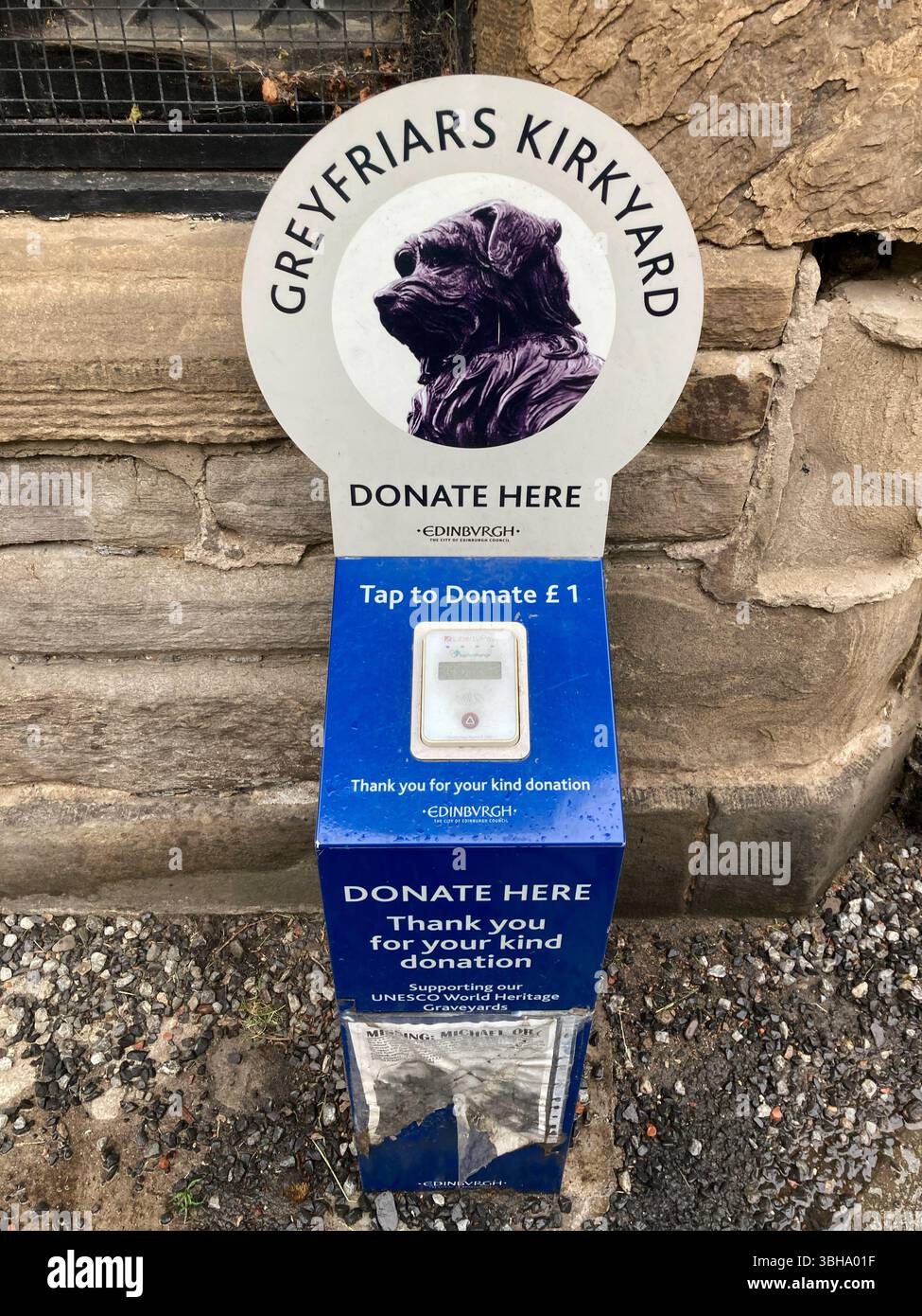 Greyfriars Bobby, Greyfriars Kirkyard donate here, Edinburgh Scotland - Smartphone Captured Stock Image