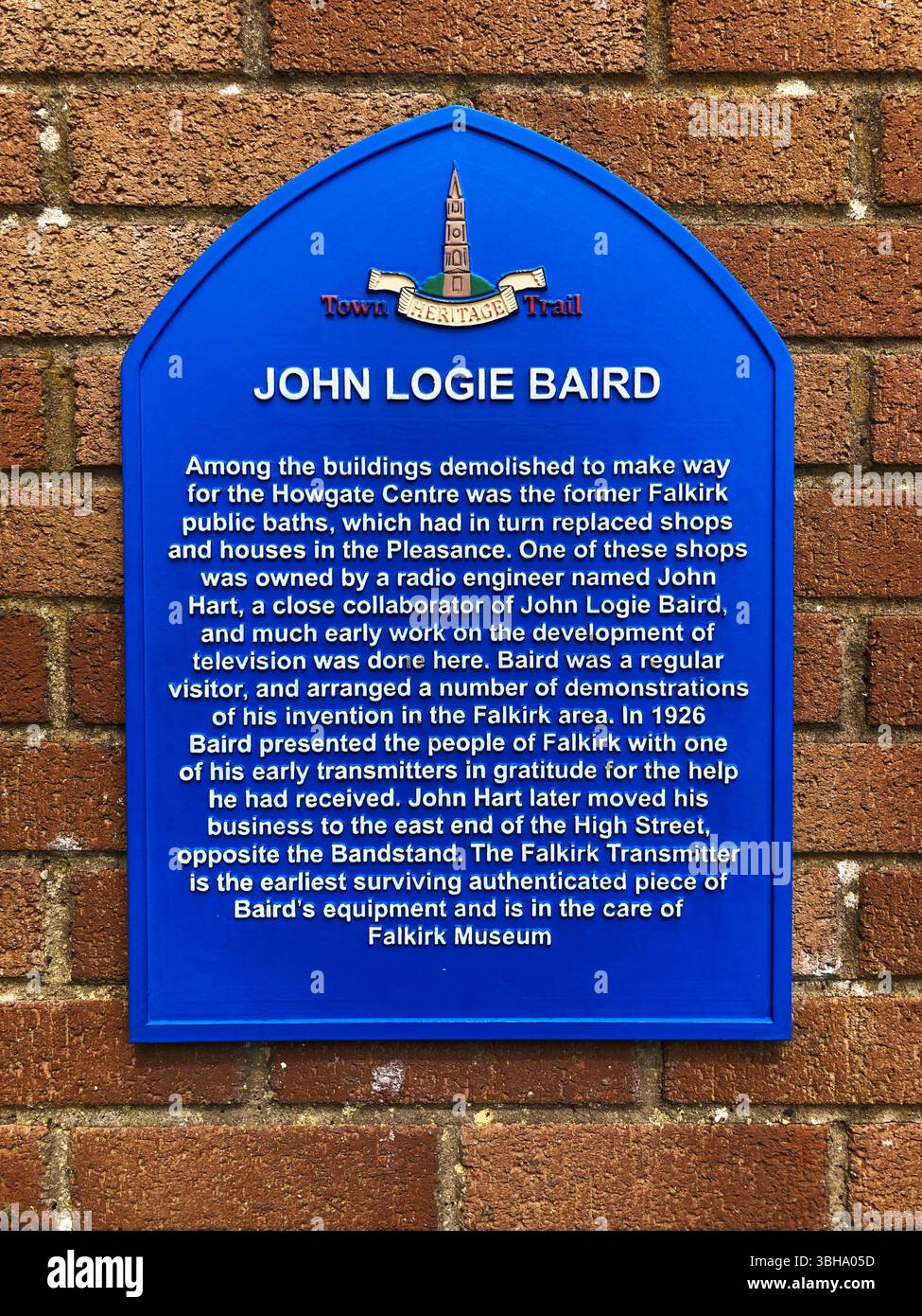 Blue Plaque with public information regarding John Logie Baird, part of the Falkirk Town Heritage Trail, Falkirk Scotland - Smartphone Captured Stock Image