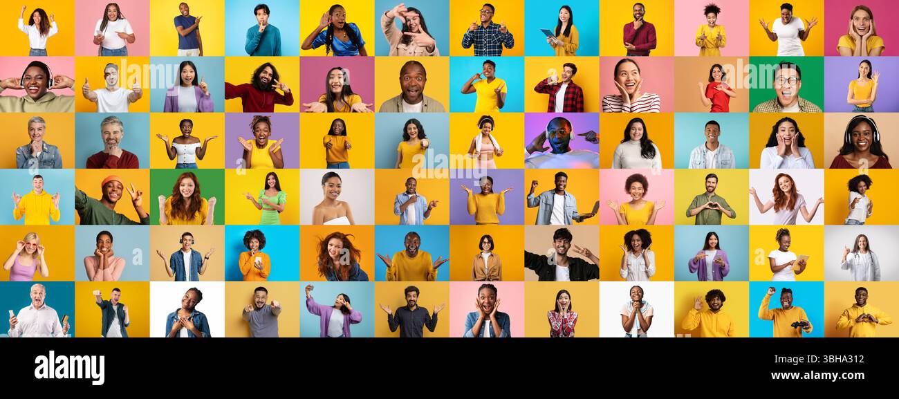 Diverse group of people expressing joy in a vibrant lifestyle collage ...