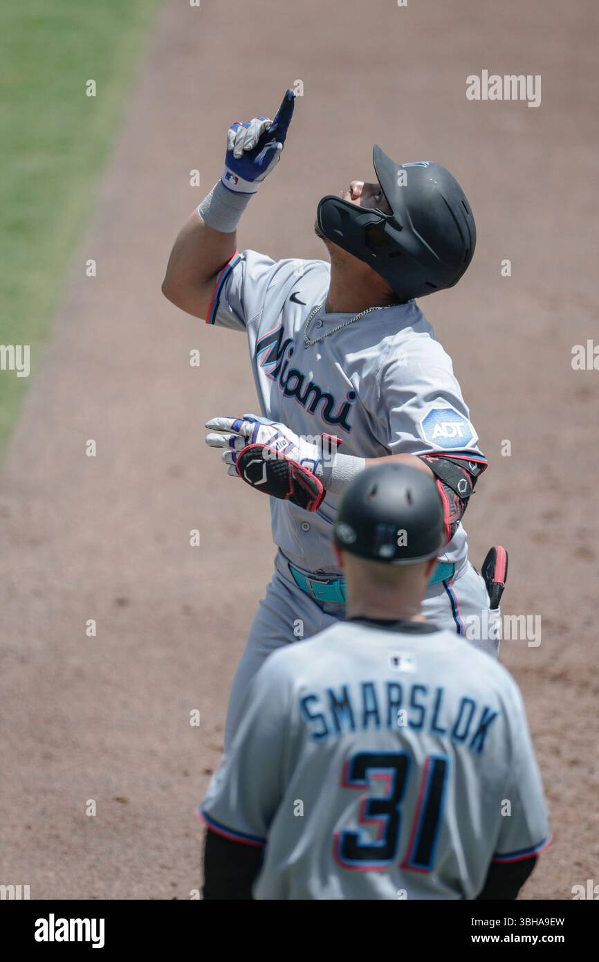 Tampa, FL USA: Miami Marlins designated hitter Heriberto Hernandez (64) celebrates after singling to left field in the second inning during an MLB baseball game against the Tampa Bay Rays, Sunday, June 8, 2025, at George M. Steinbrenner Field. The Rays beat the Marlins 3-2. (Kim Hukari/Image of Sport) Stock Photo