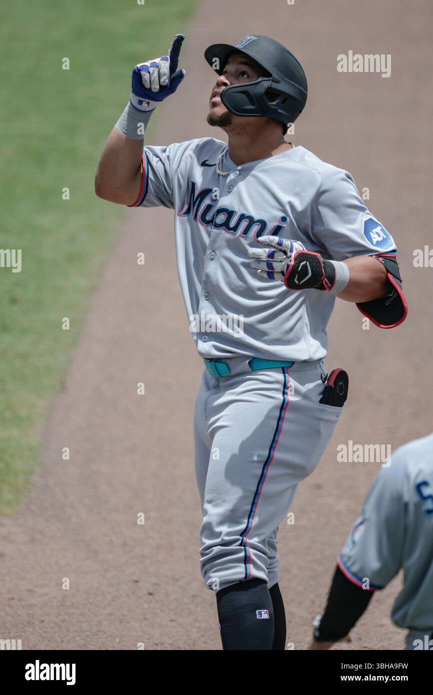 Tampa, FL USA: Miami Marlins designated hitter Heriberto Hernandez (64) celebrates singling in the top of the fifth inning during an MLB baseball game against the Tampa Bay Rays, Sunday, June 8, 2025, at George M. Steinbrenner Field. The Rays beat the Marlins 3-2. (Kim Hukari/Image of Sport) Stock Photo