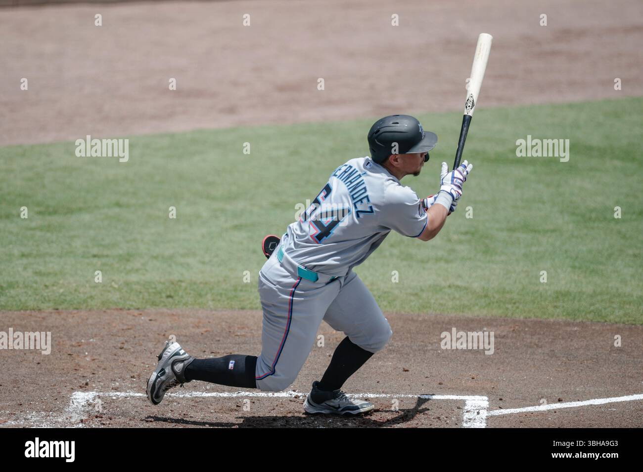 Tampa, FL USA: Miami Marlins designated hitter Heriberto Hernandez (64) singles to Tampa Bay Rays left fielder Jake Mangum (28) in the second inning during an MLB baseball game, Sunday, June 8, 2025, at George M. Steinbrenner Field. The Rays beat the Marlins 3-2. (Kim Hukari/Image of Sport) Stock Photo