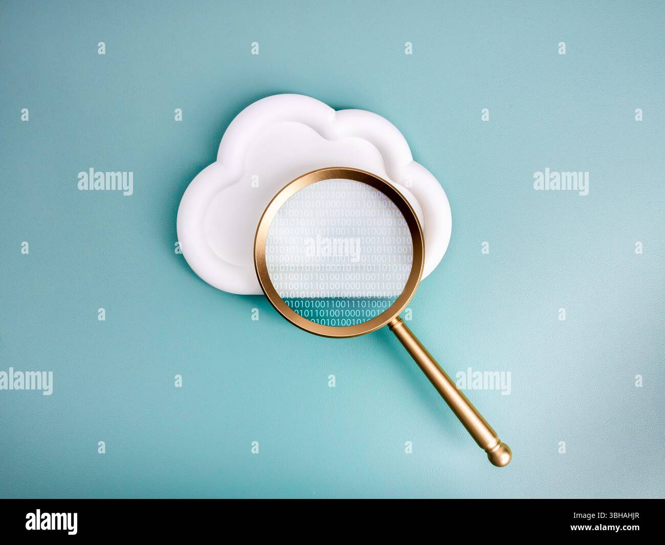 Cloud computing technology, security data system storage service, information searching concept. Binary code appear in magnifying glass lens, focus on Stock Photo