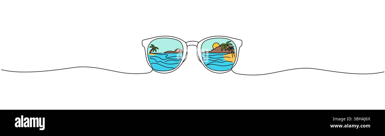 sunglasses with beach reflection continuous line design vector Editable stroke. Stock Vector