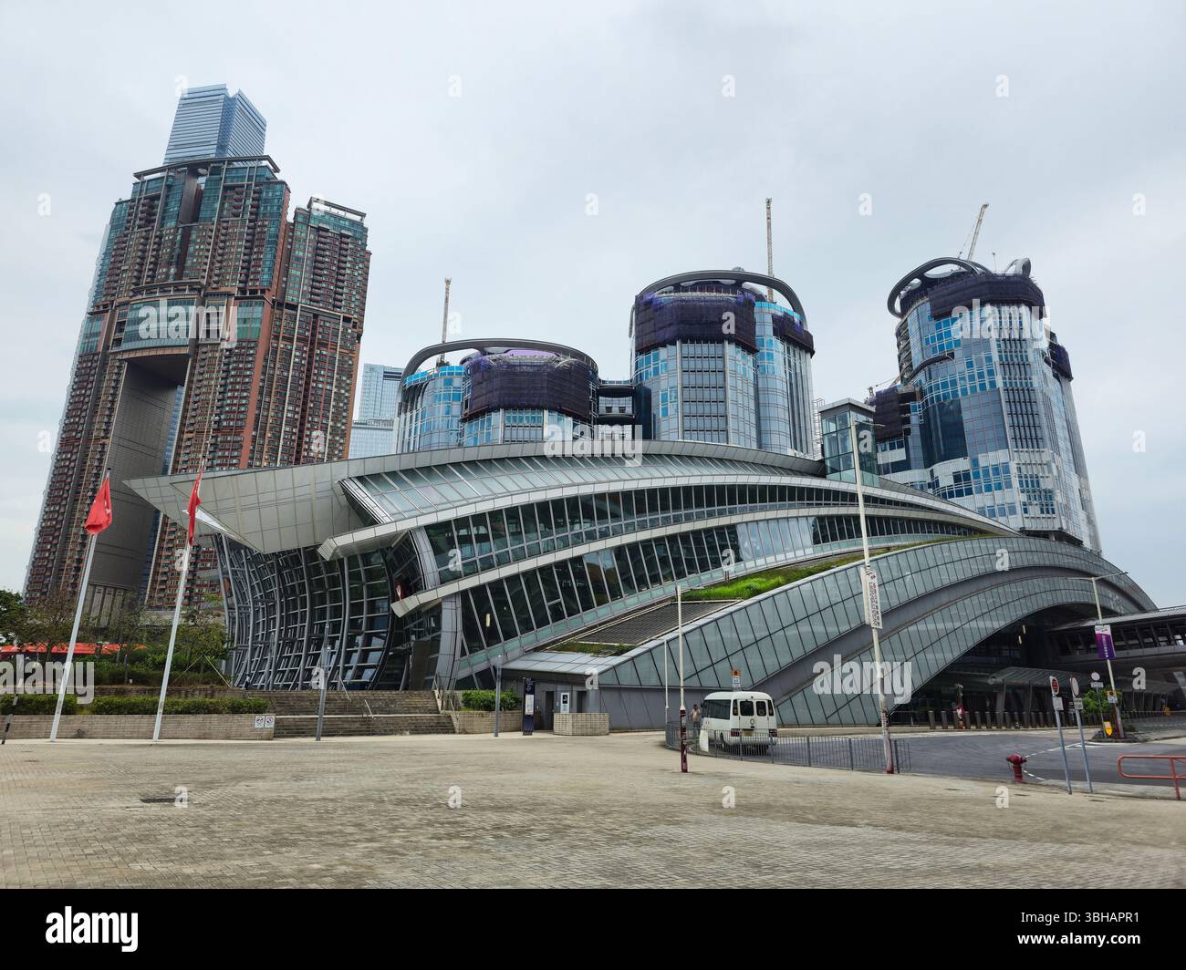 New modern buildings behind the West Kowloon Railway Station in Hong Kong. - Smartphone Captured Stock Image