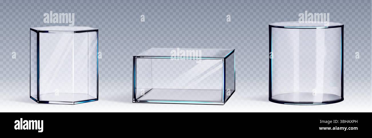 Glass museum display cases set - cylindrical, rectangular cube ...