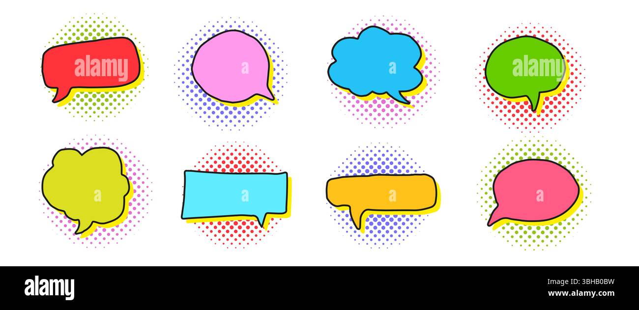 Doodle drawing retro speech bubbles collection with halftone shadows Stock Vector