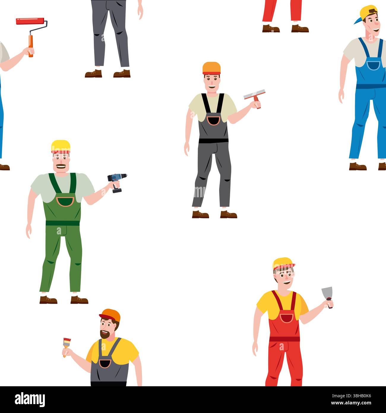 Seamless pattern construction workers uniforms repair on construction site Stock Vector