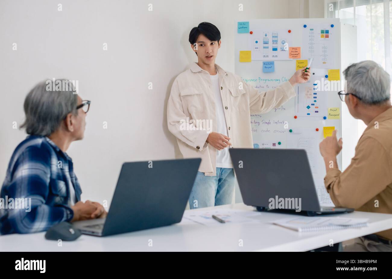 senior programmer bootcamlp,Asian young instructor guides senior learners through a programming on whiteboard, highlighting algorithm thinking and sim Stock Photo