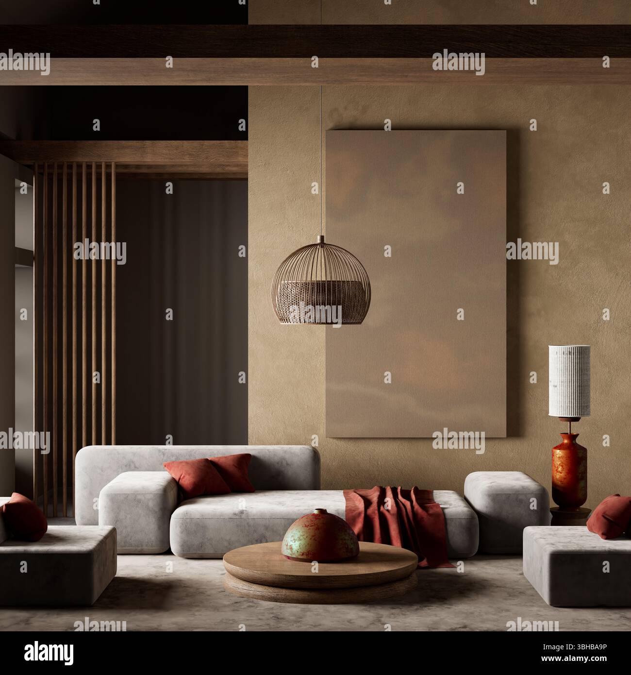 A modern Japanese-inspired living room blending soft textures, warm earth tones, and minimalist elegance to create a calm, balanced atmosphere. 3D ill Stock Photo