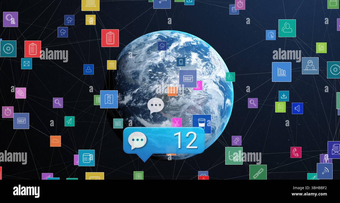 Image of colourful social media icons and notifications floating over ...