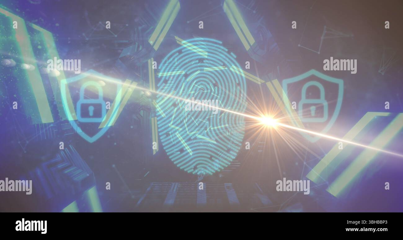 Displaying central fingerprint graphic on virtual interface, with shield icons and data fragments. Cybersecurity, technology, digital, futuristic, sec Stock Photo