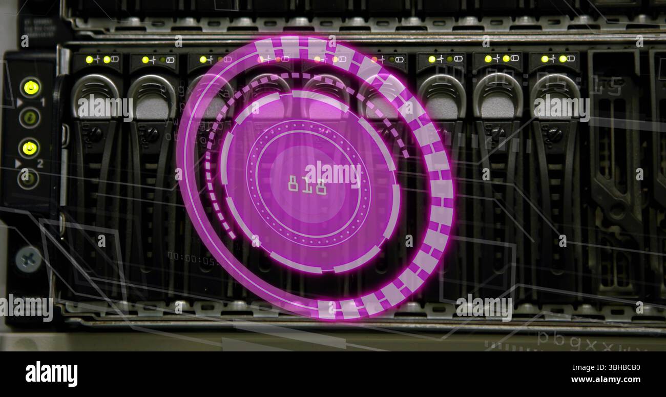 Image of purple circle with numbers over servers. Computers, data processing and technology concept digitally generated image. Stock Photo