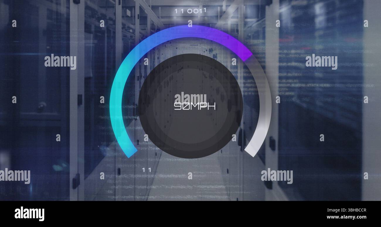 Image of speedometer and numbers over servers. Network, computers, speed, data processing and technology concept digitally generated image. Stock Photo