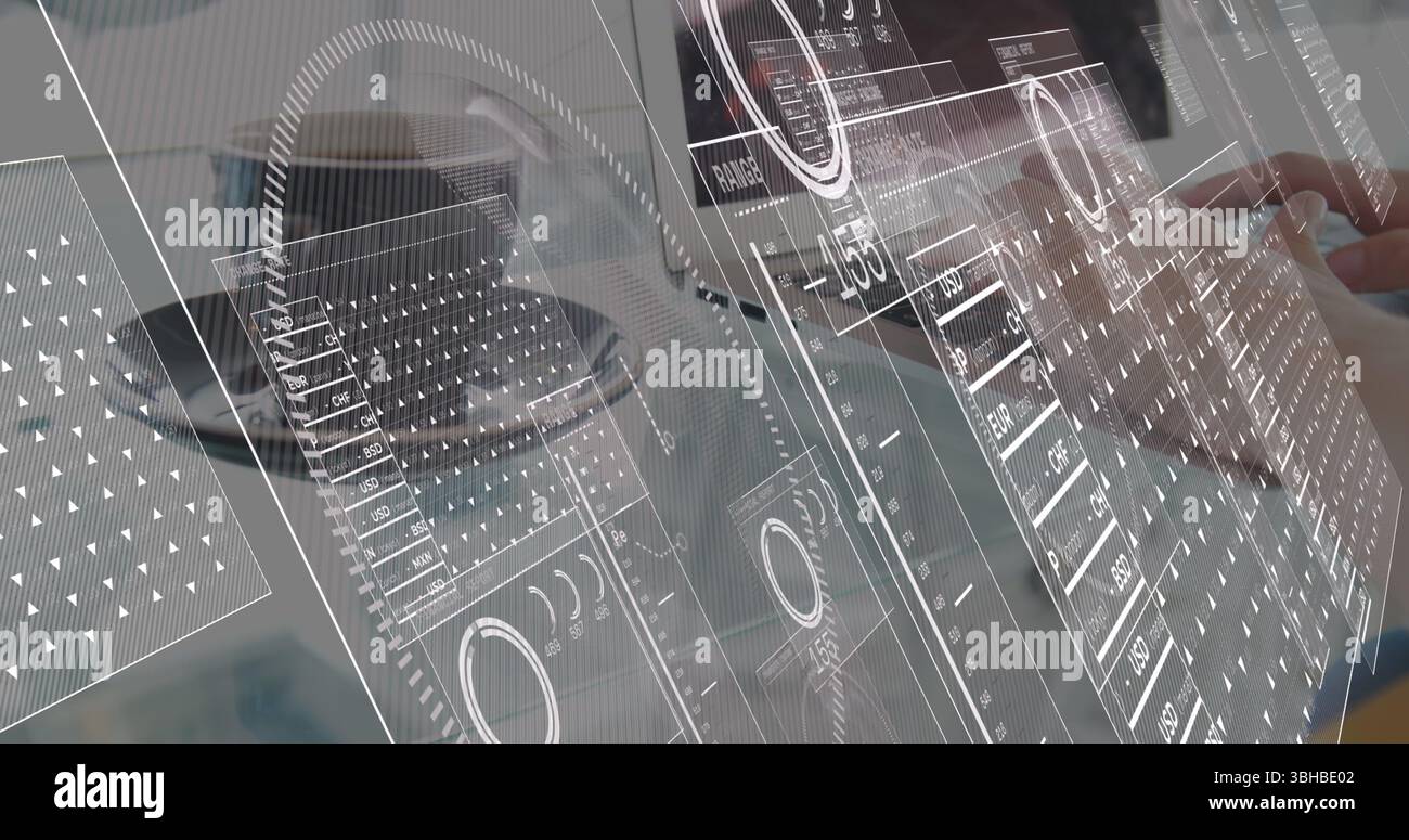 Image of data processing over hands using laptop. Global business and digital interface concept digitally generated image. Stock Photo