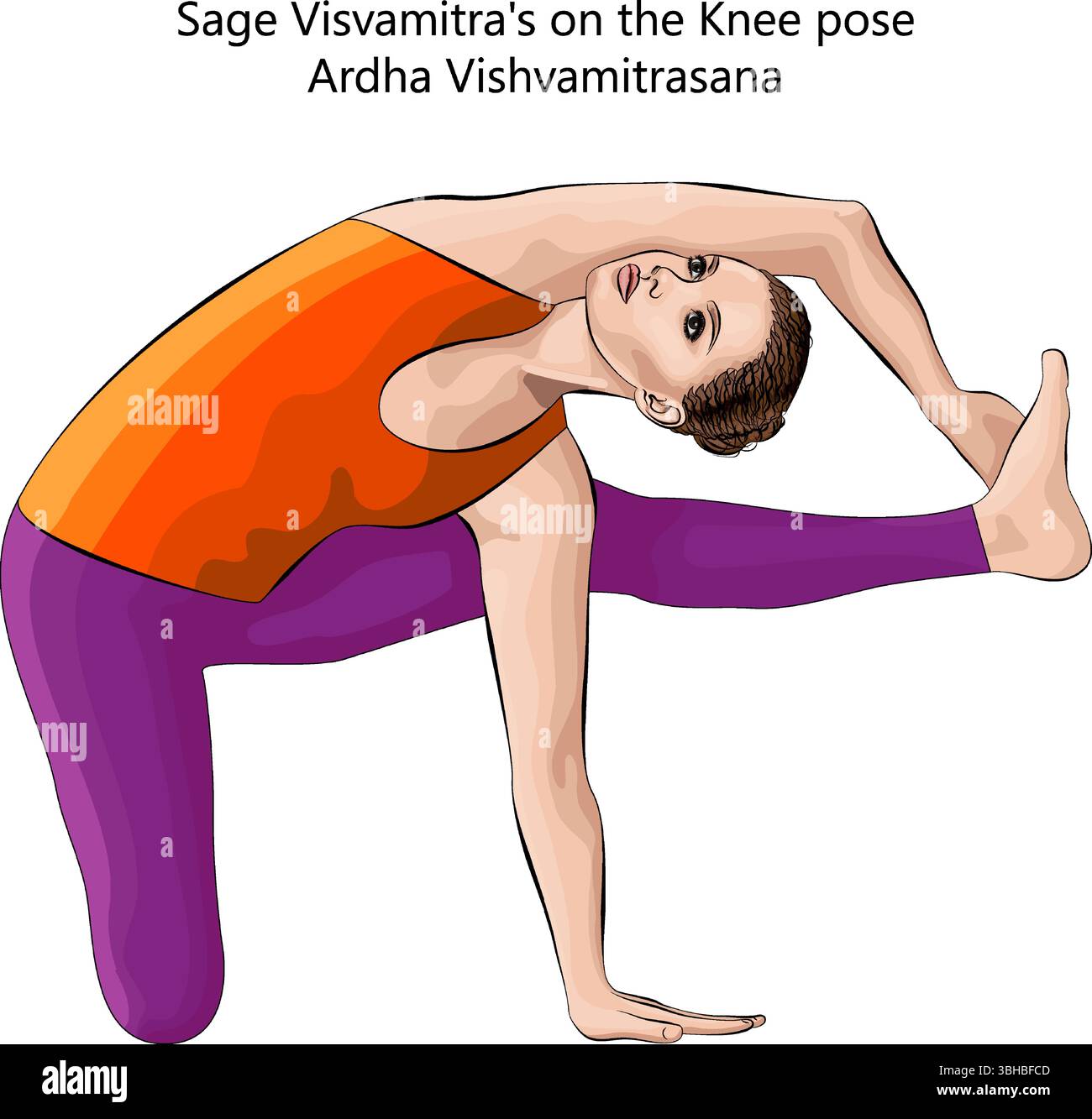 Young woman practicing Ardha Vishvamitrasana yoga pose. Sage Visvamitra ...