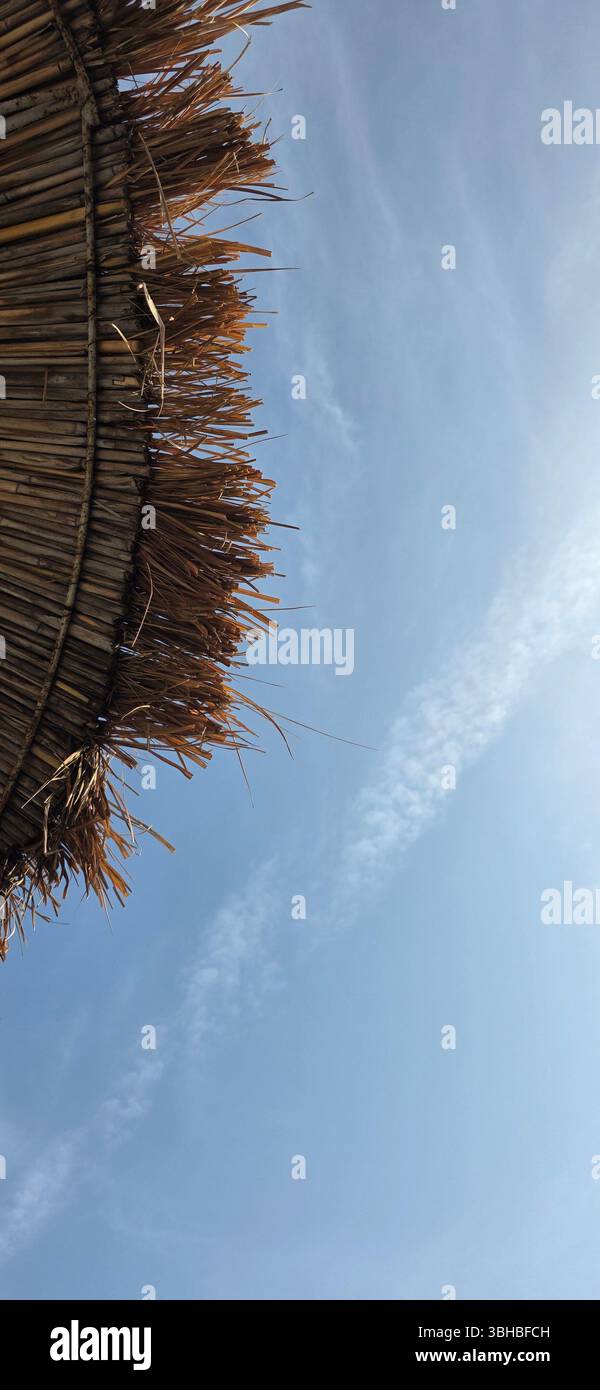 Beneath the shade of a thatched umbrella, the clear blue sky promises a peaceful summer day — warmth, freedom, and pure relaxation. - Smartphone Captured Stock Image
