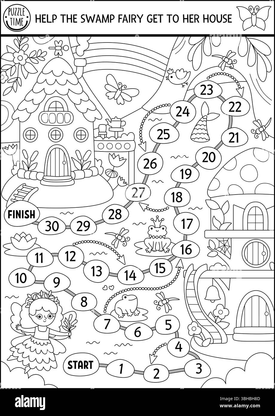 Woodland fairy black and white dice board game with magic forest ...