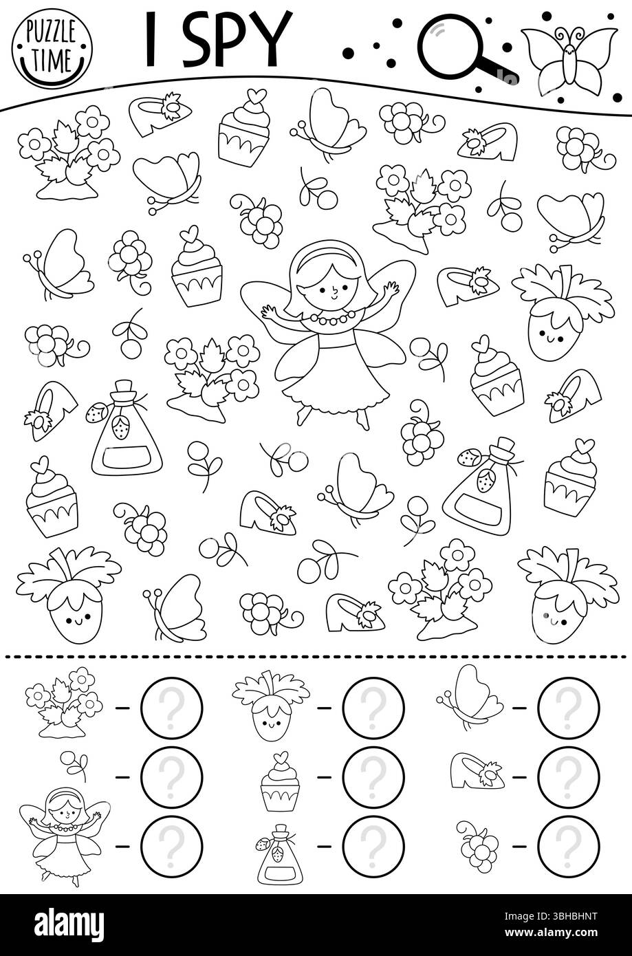 Fairyland black and white I spy game for kids. Searching and counting ...