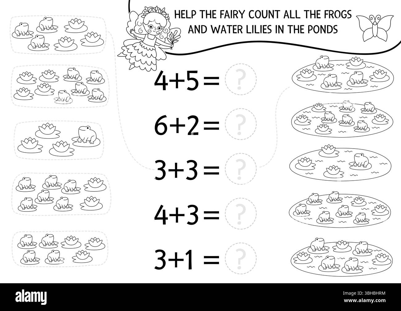 Math and counting black and white game with girl. Help the swamp fairy ...