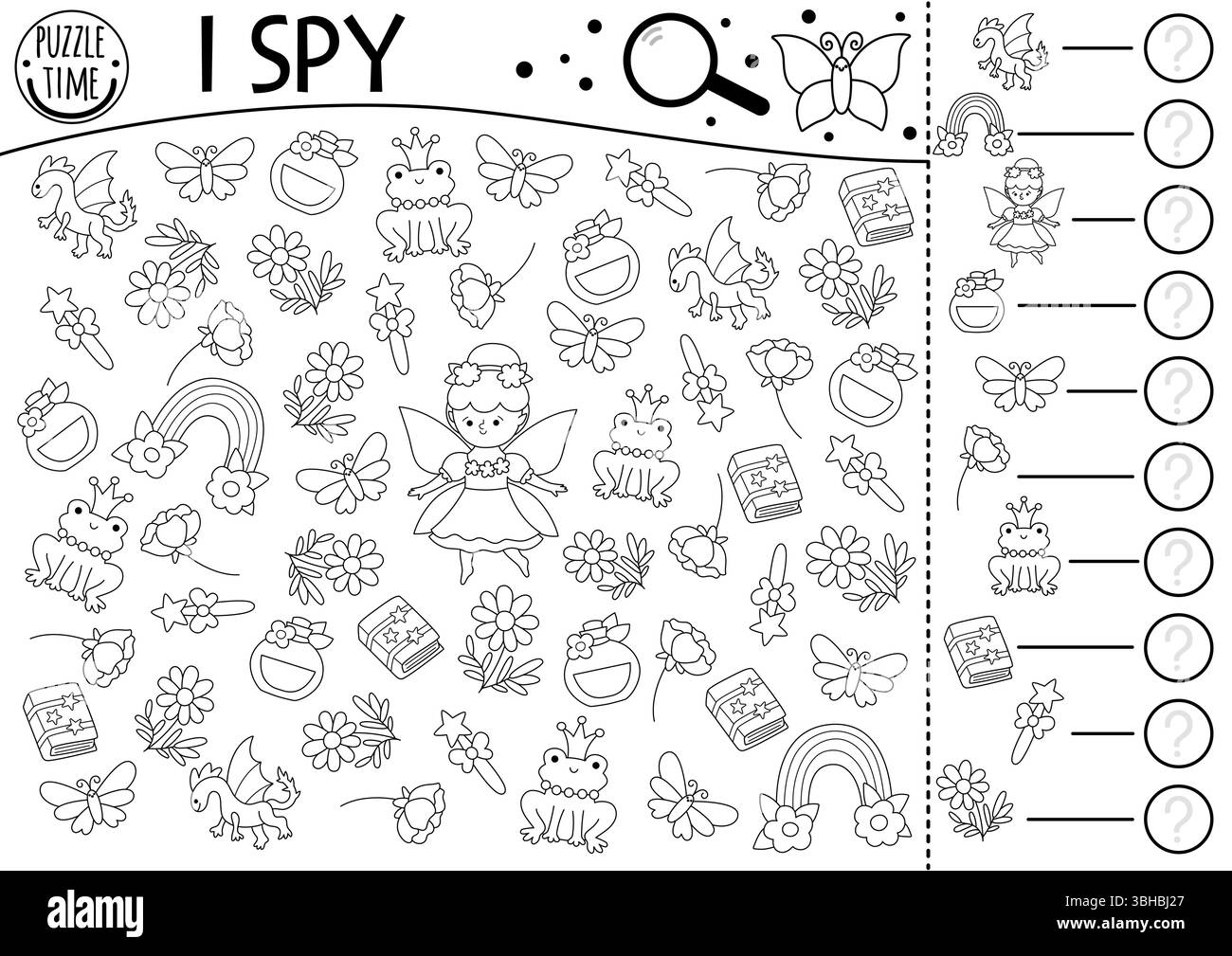 Fairyland black and white I spy game for kids. Searching and counting ...