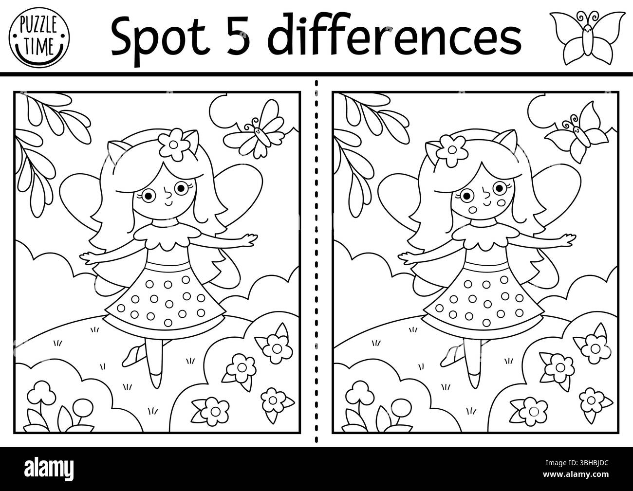 Black and white find differences game. Fairyland educational activity ...