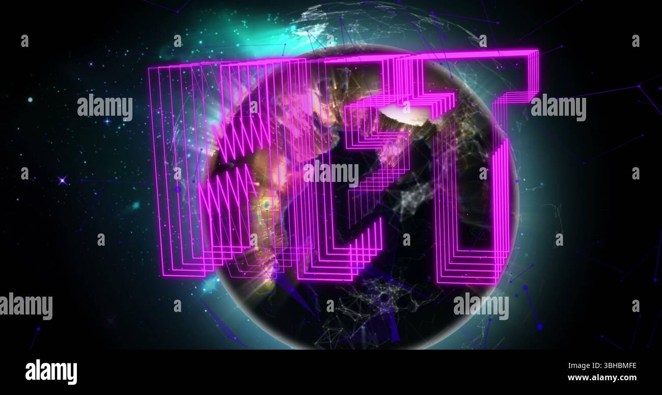 Image of nft text in purple over globe. Global cryptocurrency, computing, connections, data processing and digital interface concept digitally generat Stock Photo
