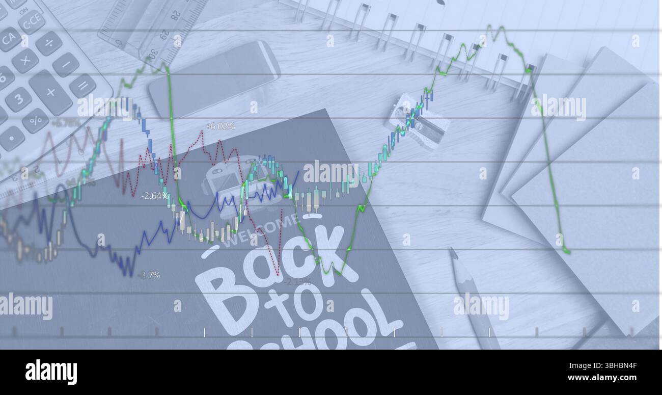 Image of line graph and welcome back to school text on tablet screen ...