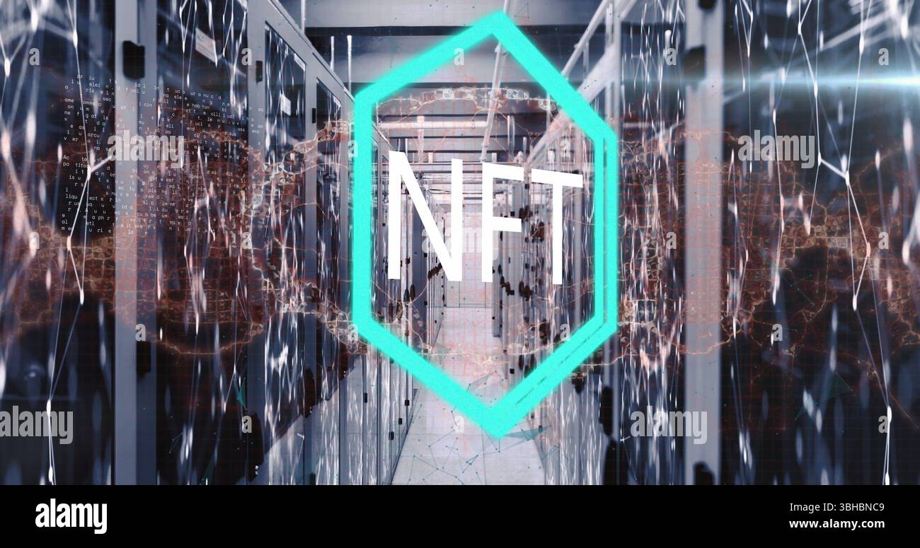 Image of nft text over neon hexagonal banner and human brain spinning against server room. Medical research and cryptocurrency business technology con Stock Photo