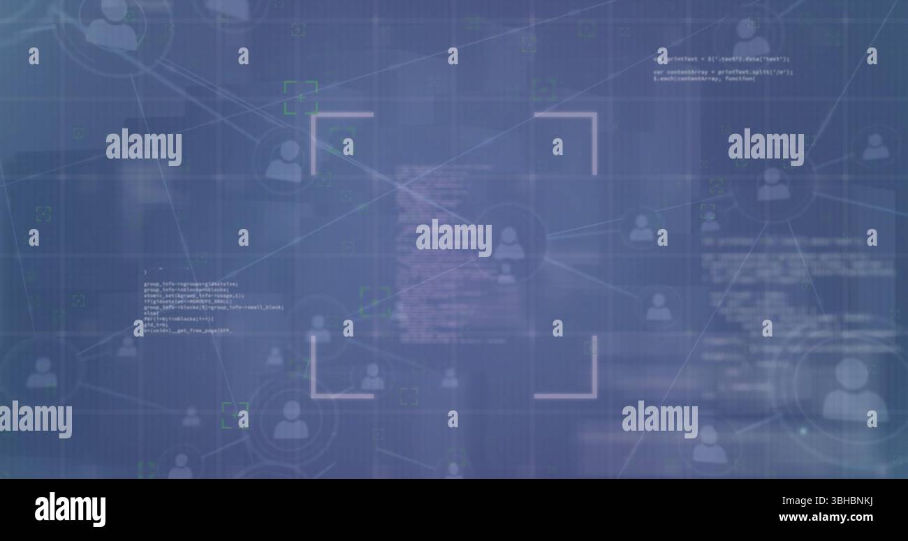 Scanning bracketed frame over interface, showing connected user icons, lines, code and neon markers. Technology, cybersecurity, digital connectivity, Stock Photo